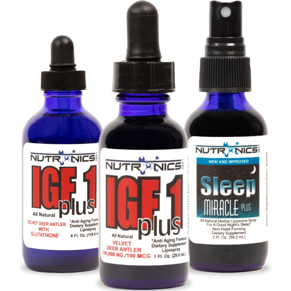Three dark blue glass bottles are arranged in a group. The center bottle is labeled "IGF 1 plus" with a description indicating it contains velvet deer antler and glutathione. It has a dropper top and holds 1 fluid ounce. On the left, a slightly larger bottle also labeled "IGF 1 plus" has similar wording but indicates it contains a higher dosage of 100,000 NG/100 MCG and holds 4 fluid ounces.
