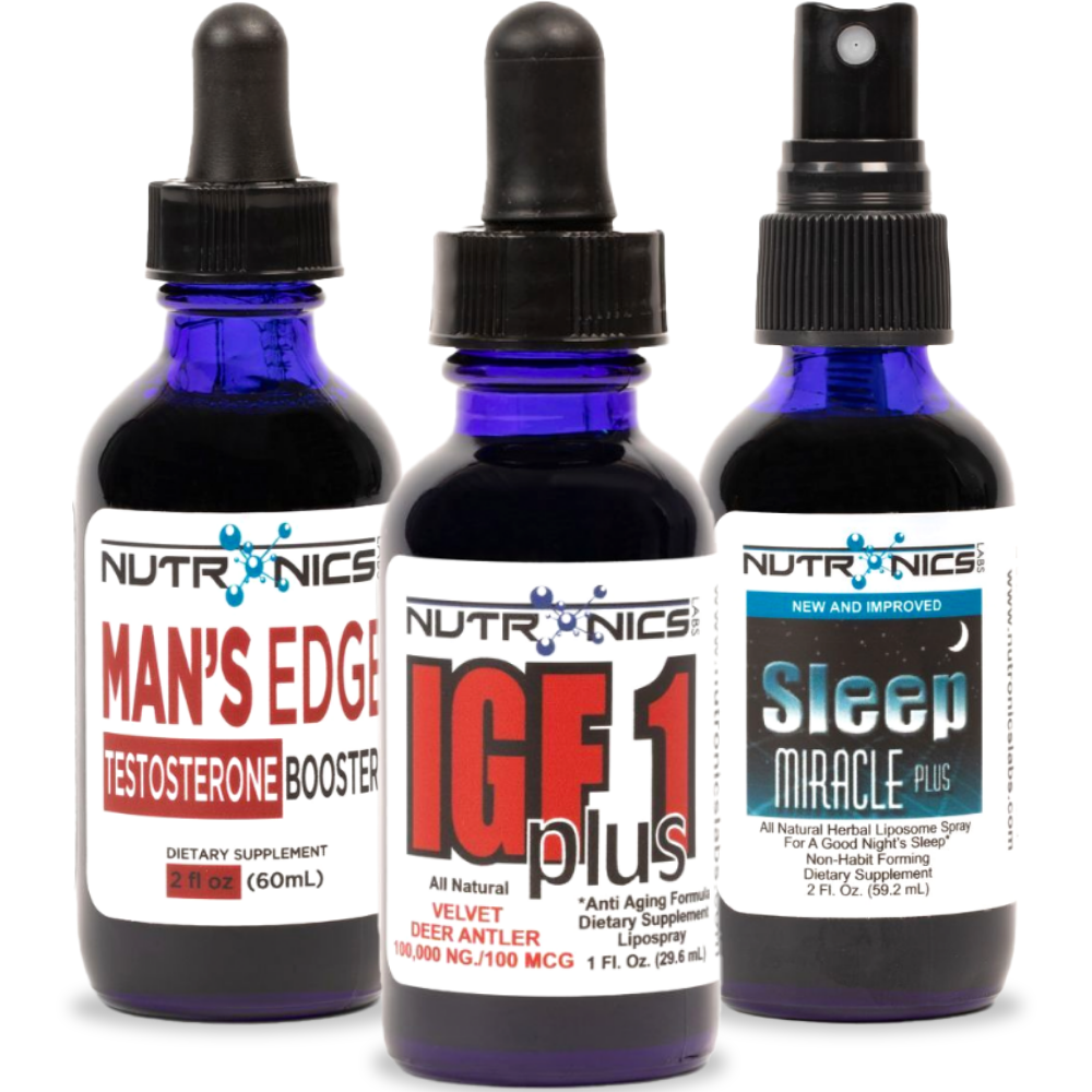 Three blue glass bottles of dietary supplements with dropper tops, arranged in a row. The left bottle has a white label with bold red text reading "MAN'S EDGE" and "TESTOSTERONE BOOSTER," indicating it is a 2 fluid ounce supplement. The center bottle bears a label with the text "IGF1 plus" in a combination of black and white, along with a description that includes "Anti Aging Formula" and details about velvet deer antler. It is a 1 fluid ounce supplement.
