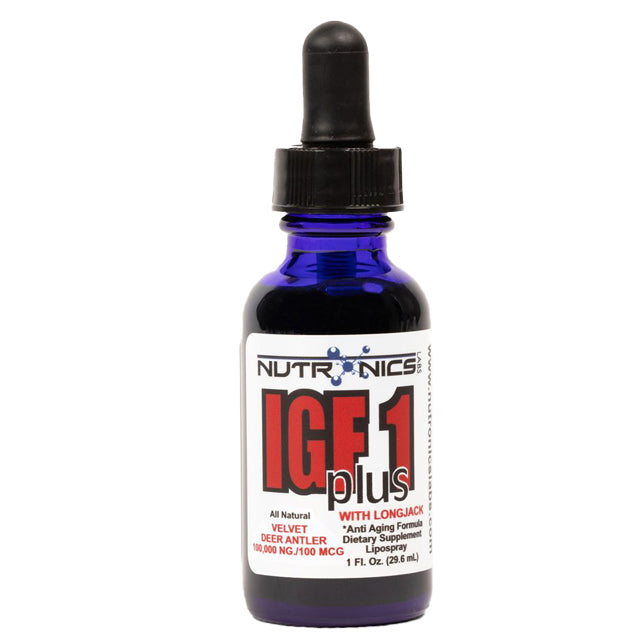 A blue glass dropper bottle with a black lid and dropper top. The front label features the brand name "NUTRONICS" at the top. Below, it states "IGF 1 plus" in large red text, with the words "All Natural Velvet Deer Antler" and "with Longjack" in smaller text. Additional details mention "Anti Aging Formula" and "Dietary Supplement" along with the volume of 1 fluid ounce or 29.6 milliliters. The overall design is clean and modern, focusing on an health and wellness theme.