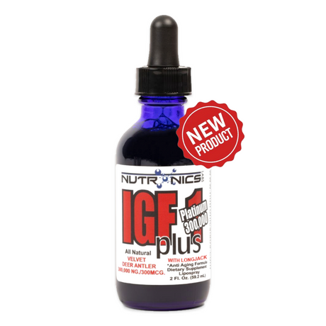 A blue glass dropper bottle with a black lid. The label features the product name IGF-1 plus in bold red and black letters, stating it includes all-natural velvet deer antler and lists 300,000 ng/300 mcg. A round red sticker with white text indicates it is a new product. The bottle contains 2 fluid ounces or 59.2 milliliters.