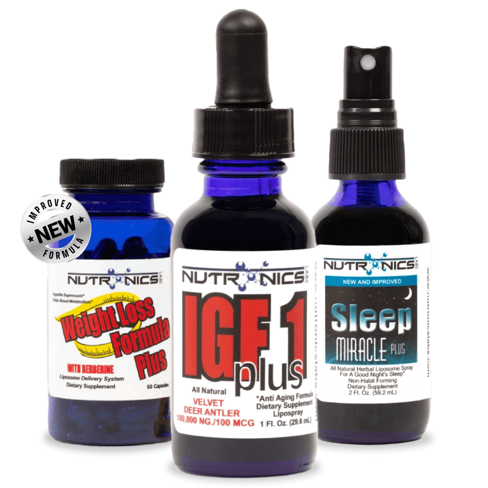 Image features three bottles of dietary supplements from Nutronics. The bottle on the left has a yellow label that reads Weight Loss Formula Plus with "NEW" and "IMPROVED FORMULA" badges. The center bottle is labeled IGF 1 plus with a white label featuring text that indicates it is an all-natural anti-aging formula. The bottle on the right has a black label reading Sleep Miracle Plus and is described as a natural herbal liposome spray for sleep.