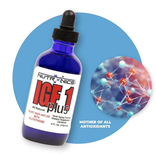 A blue glass dropper bottle labeled IGF 1 plus, from Nutronics, with a black dropper cap. The label highlights that it is an all-natural anti-aging formula supplement made with velvet deer antler and glutathione, and it contains 4 fluid ounces. To the right of the bottle, there is a circular graphic showing a network of interconnected molecules in shades of blue, red, and white, with the phrase "Mother of All Antioxidants" next to it. The background is plain, emphasizing the product and graphic.