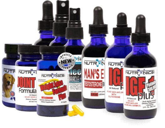 A collection of dietary supplements arranged together, featuring eight different blue bottles. The first bottle on the left is labeled "JOINT Formula" with a graphic of a dog, indicating it's for joint health. Next to it, there is a bottle labeled "Weight Loss Formula Plus," followed by two spray bottles without clear labels. Beside them is a bottle labeled "MAN'S E Testosterone" and another labeled "IGF plus" with accompanying text that reads "Platinum 3000."