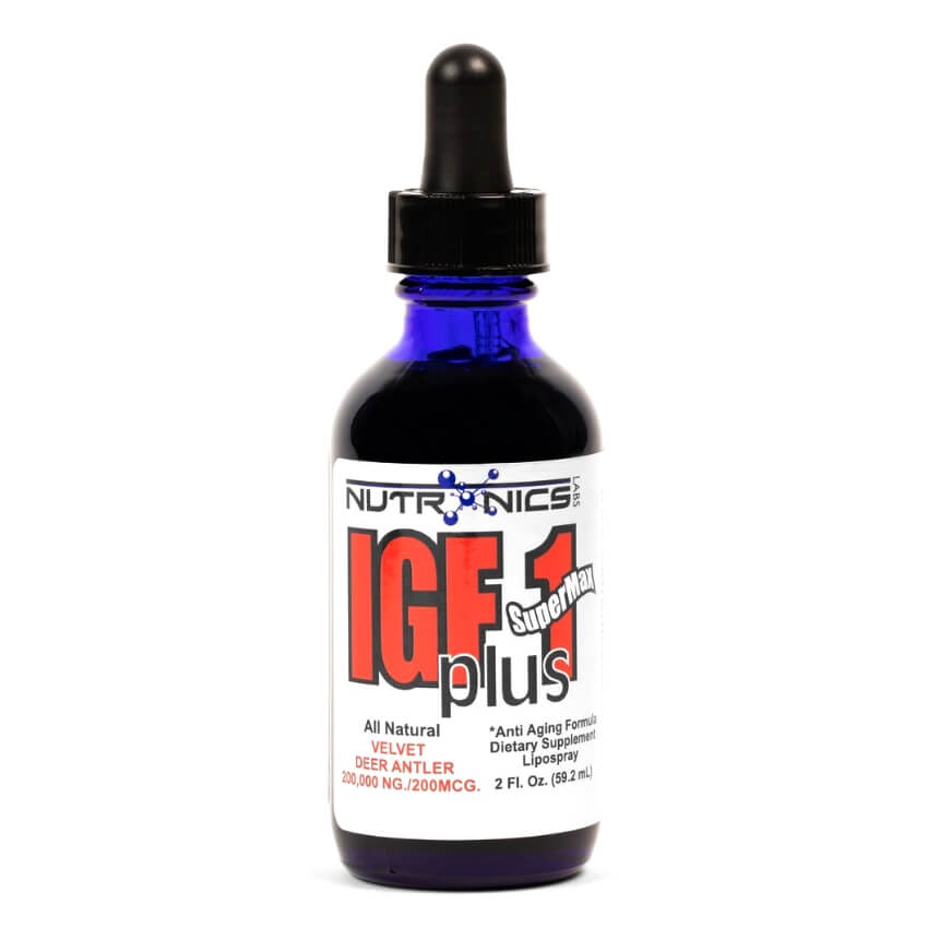 A blue glass dropper bottle with a black top. The label features the brand name "Nutronics Labs" in blue and the product name "IGF-1 plus" prominently in red. There are additional details stating "All Natural Velvet Deer Antler" and "200,000 NG/200MCG" along with "2 FL. OZ. (59.2 mL)" at the bottom. The label includes notes about being an anti-aging formula and dietary supplement lipospray. The background is plain white, emphasizing the bottle and label.