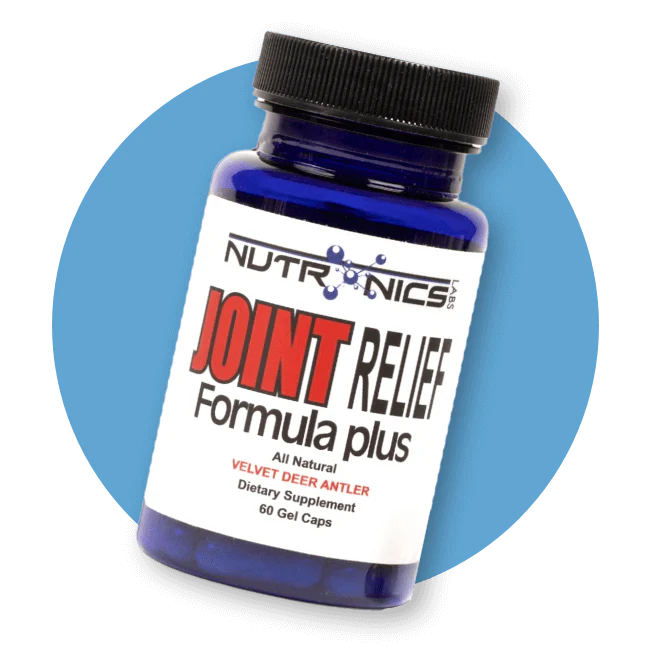 A blue glass bottle of dietary supplement with a black cap is labeled "JOINT RELIEF Formula plus" in bold red text. The label includes the phrases "All Natural" and "VELVET DEER ANTLER," with a note stating "60 Gel Caps." The bottle is set against a blue circular background.