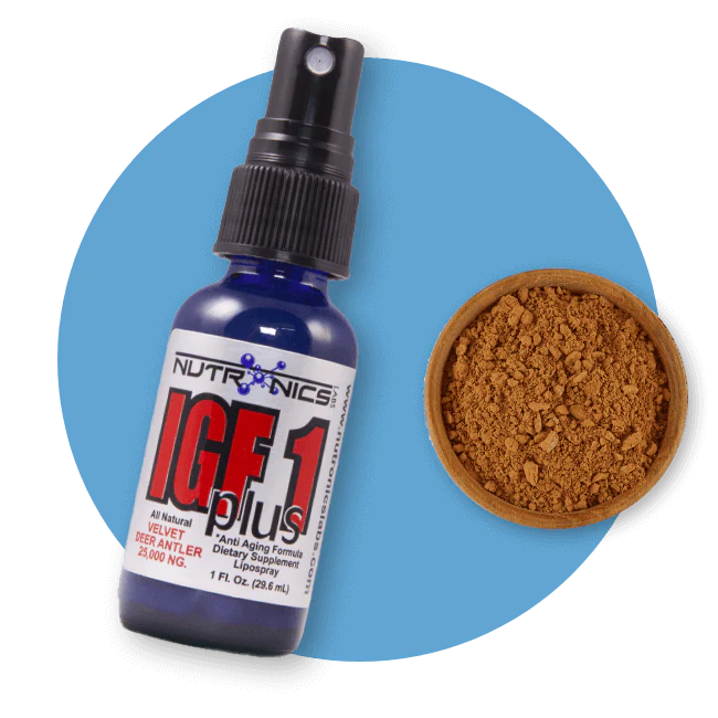 The image features a blue spray bottle labeled IGF 1 plus, which is a dietary supplement described as an anti-aging formula made from all-natural velvet deer antler. The bottle has a black spray nozzle and is positioned next to a round wooden bowl containing a small amount of finely ground brown powder. The background is a solid blue circle.