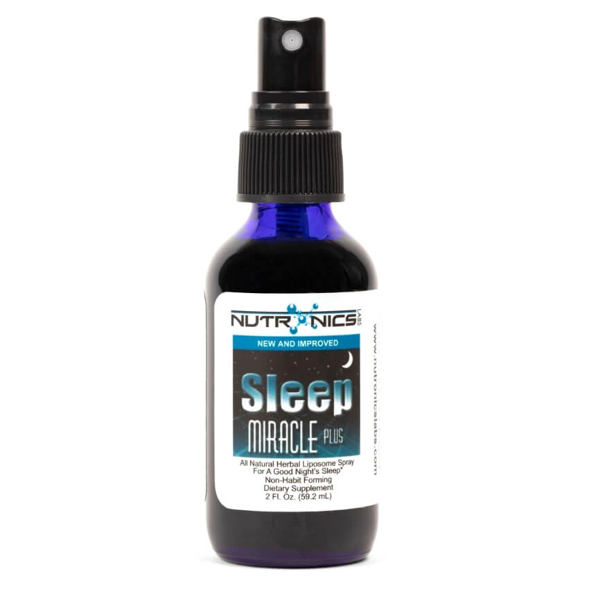 A small, dark blue spray bottle with a black nozzle on top. The label features the text "Nutrionics" in a stylized font, and below it, the words "NEW AND IMPROVED" are clearly visible.