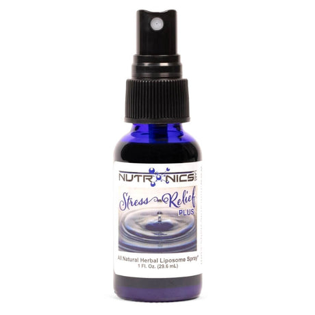 A blue glass spray bottle labeled Stress Relief Plus by Nutronics. The label features elegant typography and describes the product as an all-natural herbal liposome spray with a volume of 1 fluid ounce (29.6 mL). The background of the label includes an image of water rippling, suggesting calmness and relaxation. The top of the bottle has a black spray nozzle.