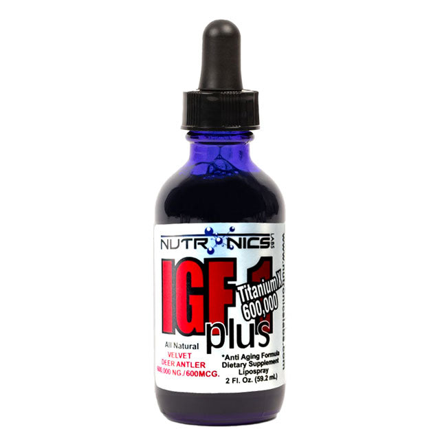 A bottle of Nutronics Labs IGF-1 Plus Titanium X 600,000 nanograms with a dropper, primarily in a blue and white color scheme.