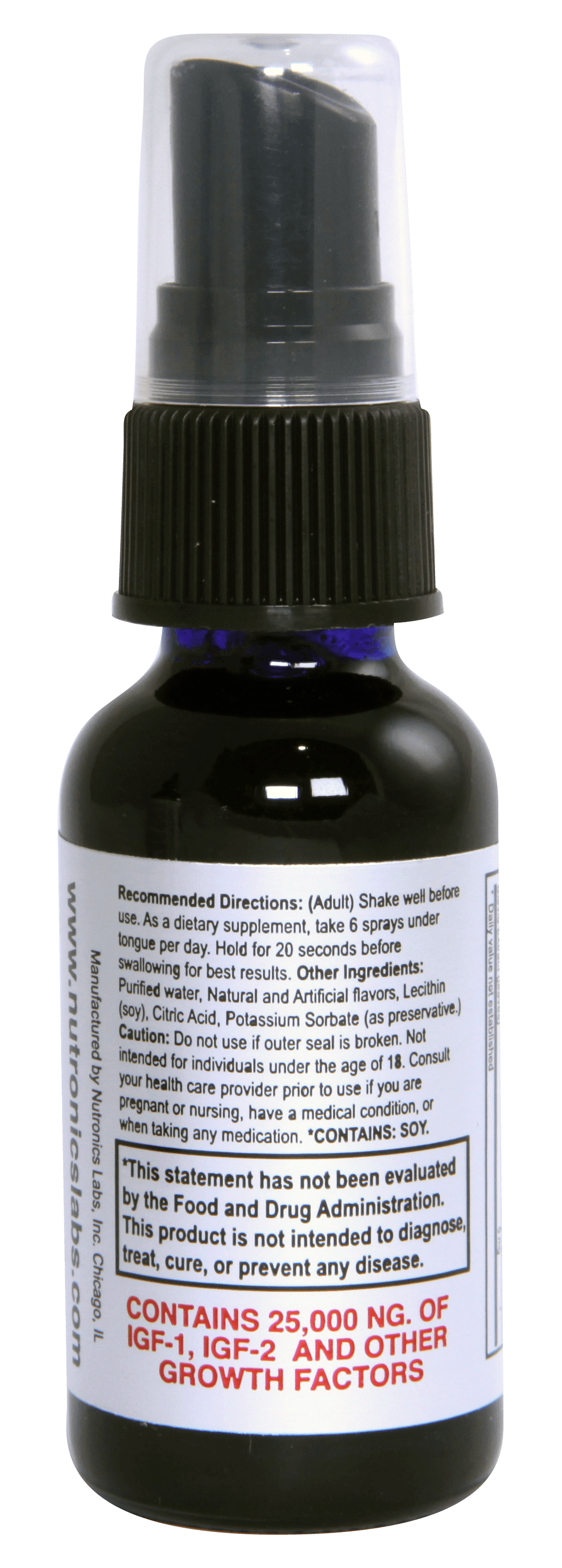A clear plastic spray bottle with a black nozzle and cap, sitting on a white background. The bottle contains a blue liquid and features a label with white and red text. The text includes recommended usage instructions, warning cautions, and lists ingredients such as purified water, flavors, citric acid, and potassium sorbate. It specifies that the product contains 25,000 ng of IGF-1, IGF-2, and other growth factors, and notes that the statements have not been evaluated by the FDA.