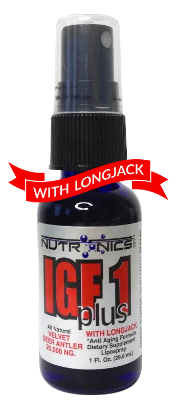 A blue and black spray bottle labeled IGF 1 plus with Longjack. The label features bold white text stating "All Natural Velvet Deer Antler 25,000 NG" and includes additional text that reads "Anti Aging Formula Dietary Supplement LipoSpray." The bottle has a black spray nozzle and a transparent cap. A bright red ribbon across the top of the image prominently displays the words "WITH LONGJACK" in white text.