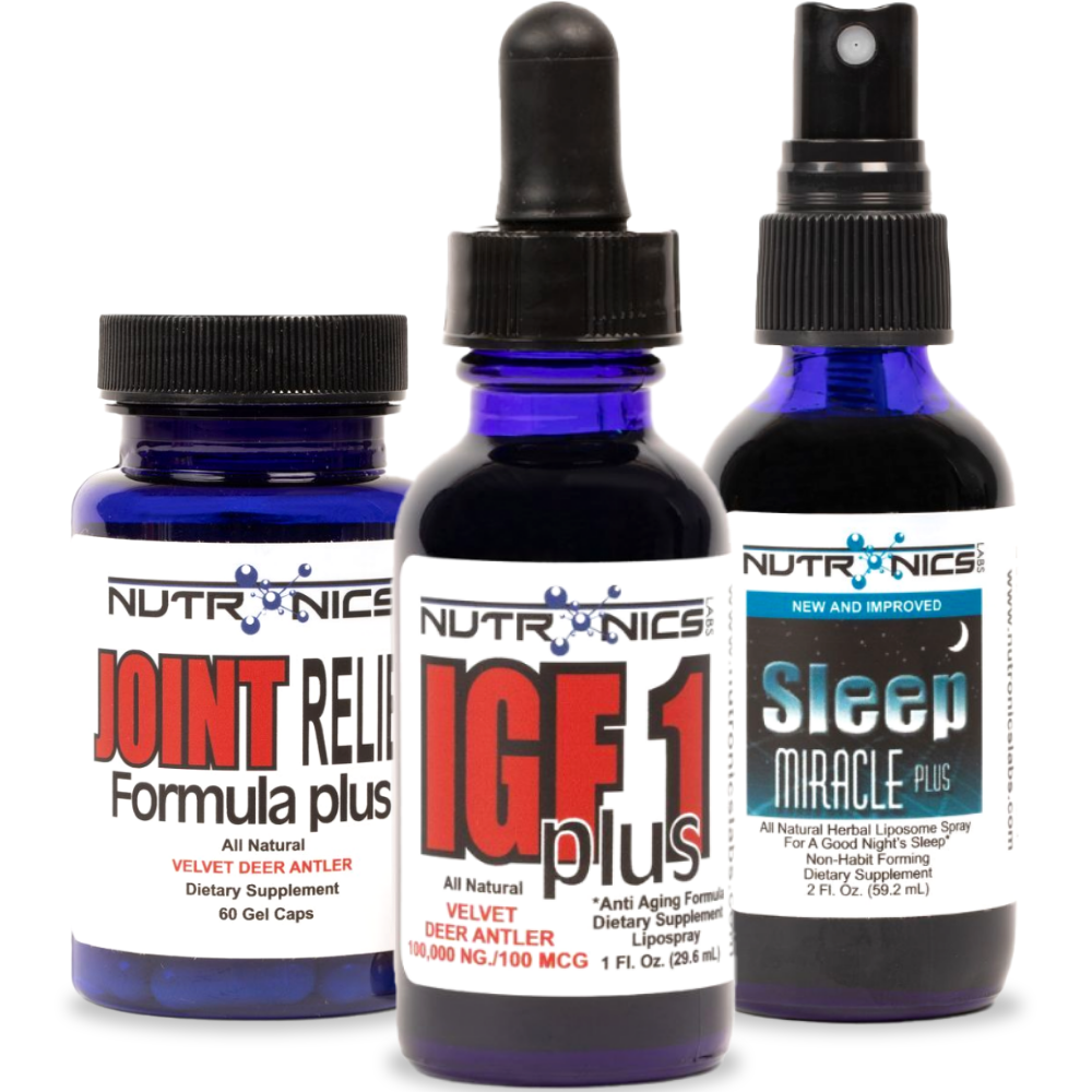 Three dietary supplement products are displayed against a white background. The first product on the left is labeled "JOINT RELIEF Formula plus" in bold red and black text, with a blue glass bottle containing 60 gel capsules. The middle product is labeled "IGF1 plus" with a description of being an anti-aging formula, also in a blue glass bottle, containing one fluid ounce. The product on the right is labeled "Sleep Miracle plus," featuring a blue mist spray bottle designed for sleep assistance. 