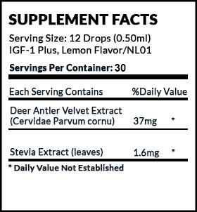 Supplement facts panel for a dietary supplement. The serving size is 12 drops, equivalent to 0.50 milliliters. The product is IGF-1 Plus in lemon flavor, with 30 servings per container. Each serving contains 37 milligrams of Deer Antler Velvet Extract sourced from Cervidae Parvum cornu and 1.6 milligrams of Stevia Extract from leaves. There is a note that the Daily Value is not established for these components. The panel is bordered in black with text in a clear, readable format.