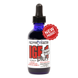 A blue glass dropper bottle with a black lid. The label features the product name IGF-1 plus in bold red and black letters, stating it includes all-natural velvet deer antler and lists 300,000 ng/300 mcg. A round red sticker with white text indicates it is a new product. The bottle contains 2 fluid ounces or 59.2 milliliters.