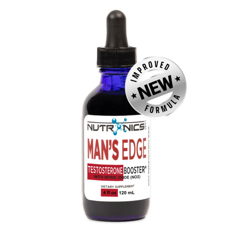 A blue-tinted glass dropper bottle containing a liquid dietary supplement labeled Man's Edge, a testosterone booster with nitric oxide (NO2). The label features the brand name Nutronics in bold black letters, with the product name in large red letters. There is a circular sticker on the top right corner that states "New Improved Formula." The bottle is 4 fluid ounces (120 mL) in size.