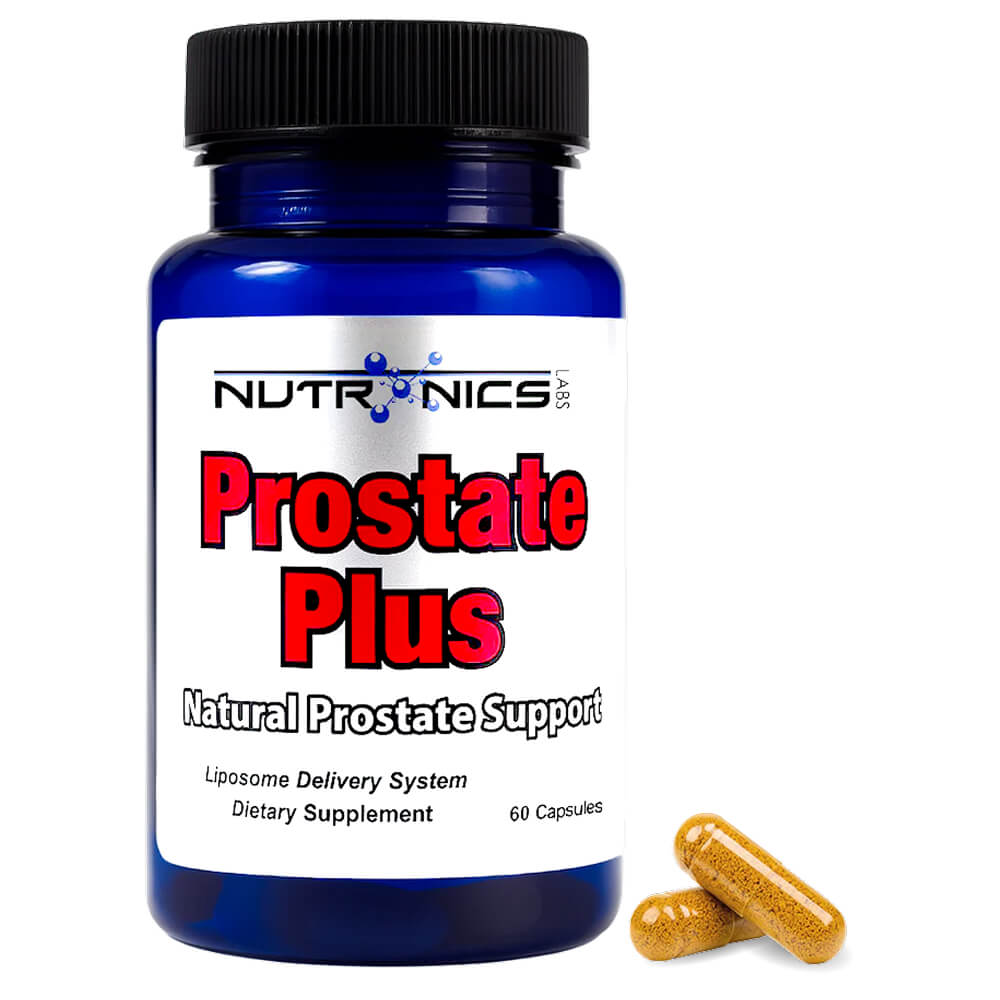 Nutronics Prostate Plus supplement bottle with capsules on a white background
