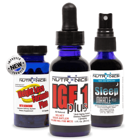 Image features three bottles of dietary supplements from Nutronics. The bottle on the left has a yellow label that reads Weight Loss Formula Plus with "NEW" and "IMPROVED FORMULA" badges. The center bottle is labeled IGF 1 plus with a white label featuring text that indicates it is an all-natural anti-aging formula. The bottle on the right has a black label reading Sleep Miracle Plus and is described as a natural herbal liposome spray for sleep. 