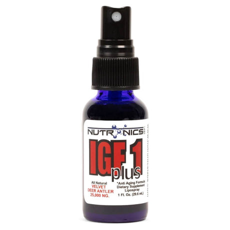 Blue spray bottle labeled "IGF1 Plus" with "Nutronics" branding, described as an all-natural velvet deer antler anti-aging dietary supplement.