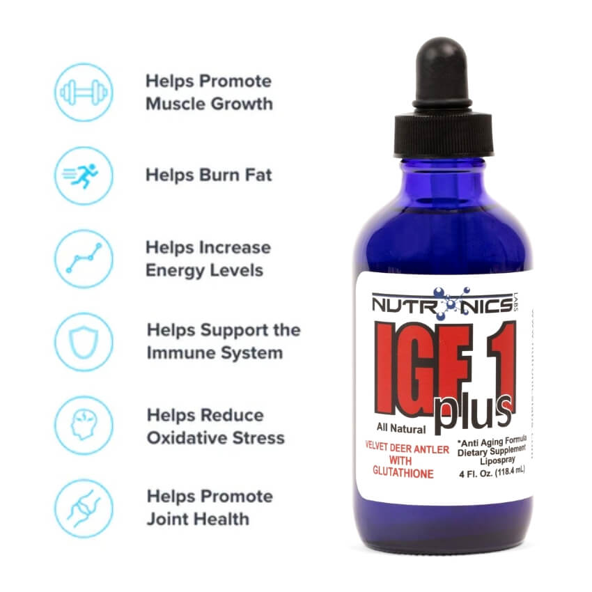 A blue glass bottle of Nutronics Labs IGF-1 Plus, an all-natural dietary supplement with velvet deer antler and glutathione. The product label highlights benefits including promoting muscle growth, burning fat, increasing energy levels, supporting the immune system, reducing oxidative stress, and promoting joint health. The bottle features a black dropper cap and contains 4 fluid ounces (118.4 mL) of the product.