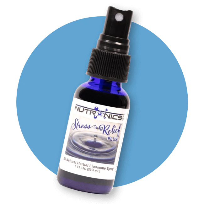 A small blue glass spray bottle labeled Nutronics Stress Relief Plus. The label features a water droplet creating ripples on a surface, with the text "All Natural Herbal Liposome Spray" and the volume indicated as "1 Fl. Oz. (29.6 mL)." The bottle is set against a light blue circular background.