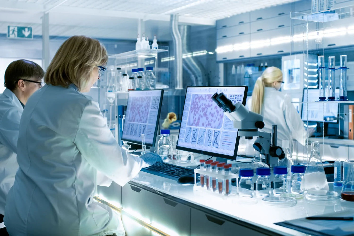 In a modern laboratory setting, two scientists in white lab coats are engaged in research. One scientist, with shoulder-length hair, is seated at a desk, working on a computer that displays detailed images of cell structures. Their gloved hands are positioned on a keyboard, while a microscope is placed nearby. The other scientist, partially visible in the background, has long hair tied back and appears to be monitoring another computer screen. 