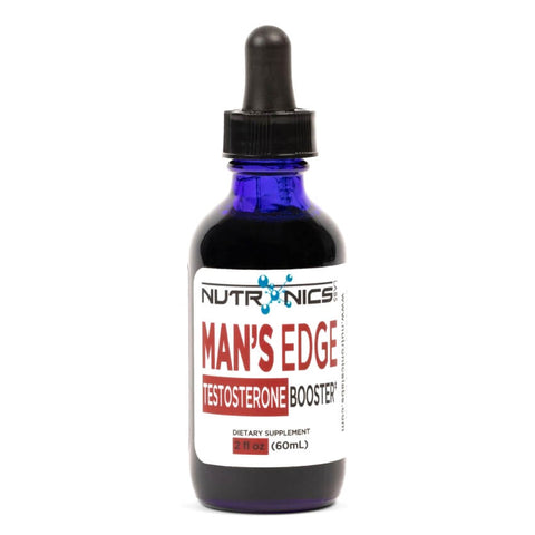 A dark blue glass bottle with a dropper cap, labeled with the brand name Nutronics and the product name Man's Edge. The label indicates that it is a testosterone booster dietary supplement, with a volume of 2 fluid ounces or 60 milliliters. The text is predominantly white with bold red accents for emphasis.