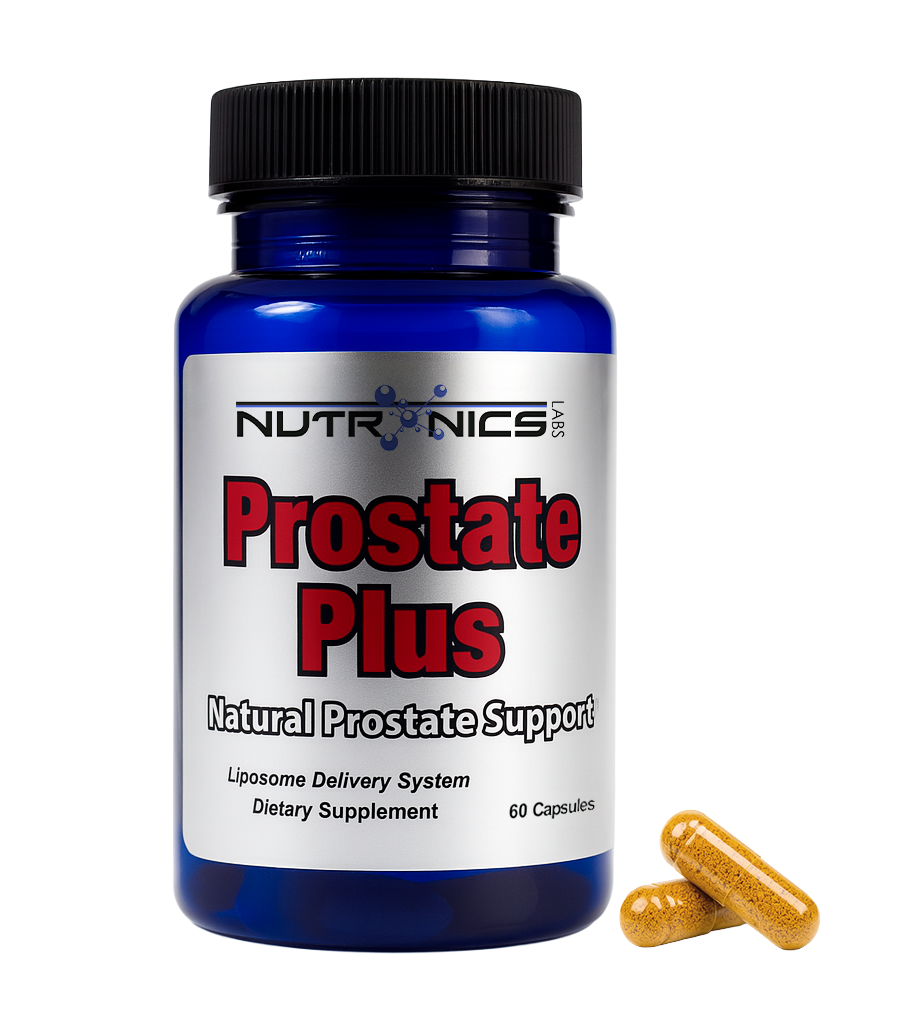 Nutronics Labs Prostate Plus supplement bottle with capsules on a white background