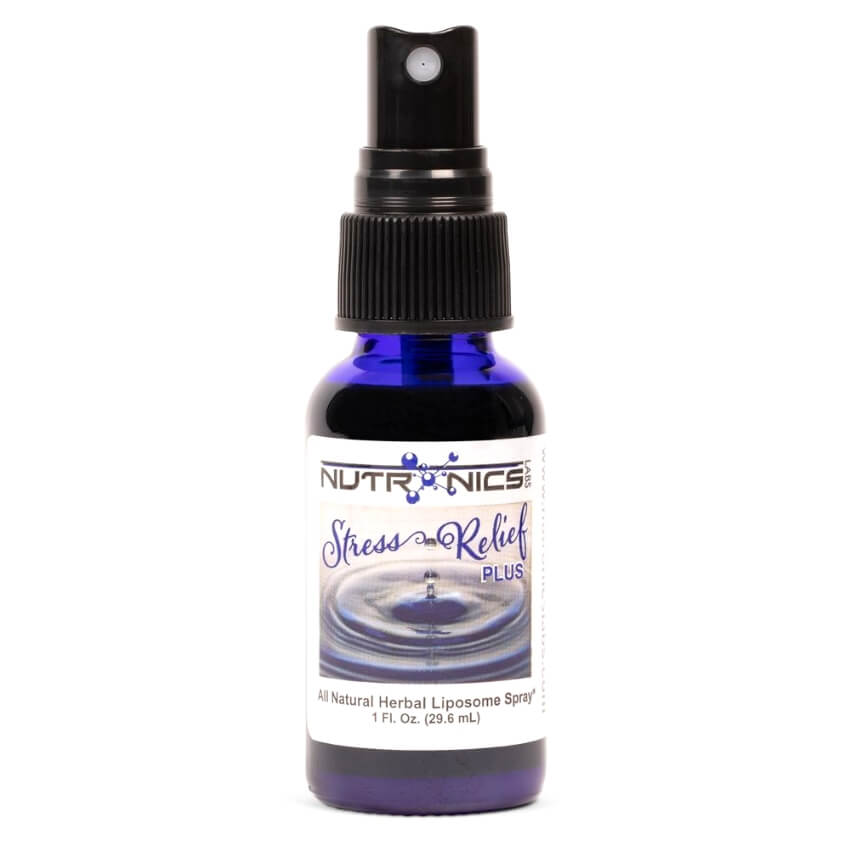 A blue glass spray bottle labeled Stress Relief Plus by Nutronics. The label features elegant typography and describes the product as an all-natural herbal liposome spray with a volume of 1 fluid ounce (29.6 mL). The background of the label includes an image of water rippling, suggesting calmness and relaxation. The top of the bottle has a black spray nozzle.