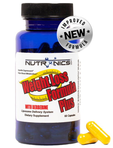 A dark blue bottle labeled "Nutronics" contains a dietary supplement called "Weight Loss Formula Plus." The label highlights that the product includes berberine and features a liposome delivery system, with a note stating "Improved Formula" in a circular badge. The bottle holds 60 capsules, and there are two yellow capsules in front of the bottle, resting on a white surface.