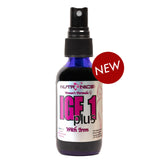 A 2-ounce spray bottle of IGF 1 Plus by Nutronics, designed for women. The bottle has a dark blue tint with a black spray nozzle. The label features pink and white text, indicating the product's name and that it contains iron. A red circular tag labeled "NEW" is prominently displayed on the top right corner of the bottle. The overall design is sleek and modern, suggesting a health-focused product.