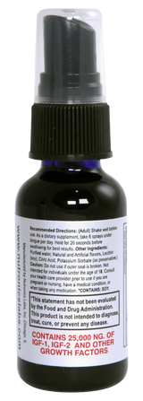 A clear plastic spray bottle with a black nozzle and cap, sitting on a white background. The bottle contains a blue liquid and features a label with white and red text. The text includes recommended usage instructions, warning cautions, and lists ingredients such as purified water, flavors, citric acid, and potassium sorbate. It specifies that the product contains 25,000 ng of IGF-1, IGF-2, and other growth factors, and notes that the statements have not been evaluated by the FDA.