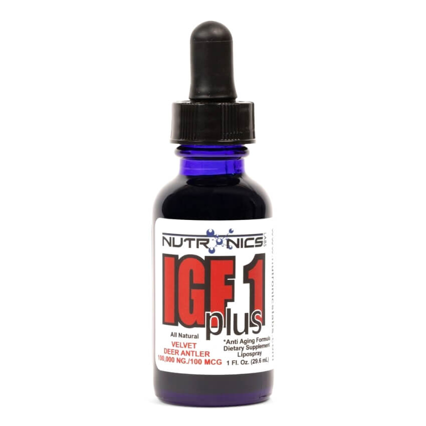 A blue glass dropper bottle labeled IGF 1 plus by Nutronics. The label features bold red and black text, stating "All Natural," "Velvet Deer Antler," and "100,000 NG/100 MCG." The bottle contains 1 fluid ounce, equivalent to 29.5 milliliters. The dropper top is marked with a textured black lid, and the bottle stands upright against a plain white background.