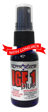 A blue and black spray bottle labeled IGF 1 plus with Longjack. The label features bold white text stating "All Natural Velvet Deer Antler 25,000 NG" and includes additional text that reads "Anti Aging Formula Dietary Supplement LipoSpray." The bottle has a black spray nozzle and a transparent cap. A bright red ribbon across the top of the image prominently displays the words "WITH LONGJACK" in white text.