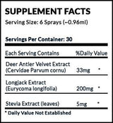 Supplement facts for a dietary supplement displayed in a table format. The heading states "SUPPLEMENT FACTS" in bold. Below, it indicates the serving size is 6 sprays, approximately 0.96 milliliters, with 30 servings per container. The contents of each serving include: Deer Antler Velvet Extract (33 milligrams), Longjack Extract (200 milligrams), and Stevia Extract (5 milligrams). The percentage of daily value for each ingredient is noted as not established with an asterisk next to it.