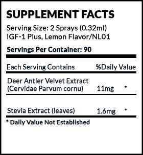 Supplement facts for a dietary supplement labeled IGF-1 Plus, Lemon Flavor. The serving size is indicated as two sprays, totaling 0.32 milliliters, with 90 servings per container. Each serving contains 11 milligrams of Deer Antler Velvet Extract, noted by its scientific name (Cervidae Parvum cornu), and 1.6 milligrams of Stevia Extract (leaves). Asterisks denote that the daily value for these ingredients is not established.